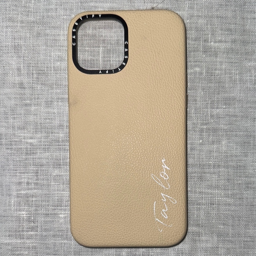 Casetify Beige Leather Phone Case. Personalized “Taylor”